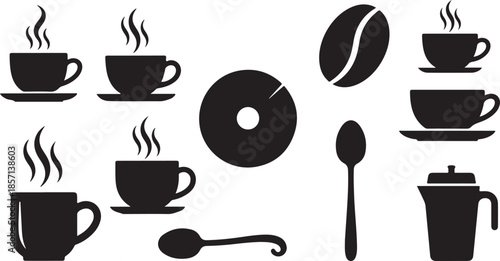 Black coffee icons and utensils on white background