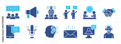 Speaking color icon set collection. Speak, speaker, speech, people communication, conversation, discussion, bubble, dialogue, voice message, letter and more. eps 10