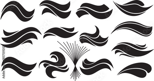 Collection of stylized black graphic elements representing waves or swooshes