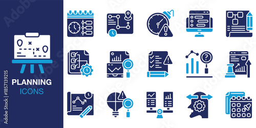Planning Icon set. Containing goal, vision, forecast, budget, resource, priority and more. Solid vector icons collection. Vector illustration.