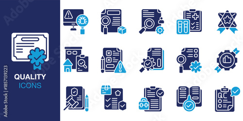 Quality Icon set. Containing certified, trusted, superior, optimal, advanced and more. Solid vector icons collection. Vector illustration.