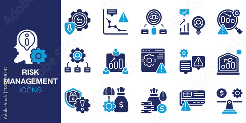 Risk Management Icon set. Containing audit, analysis, strategy, planning, prevention and more. Solid vector icons collection. Vector illustration.
