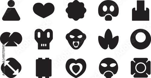 Collection of various stylized black glyph icons for interface design