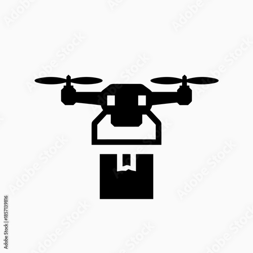 A black silhouette icon of a drone delivering a package, representing modern logistics and aerial delivery services.