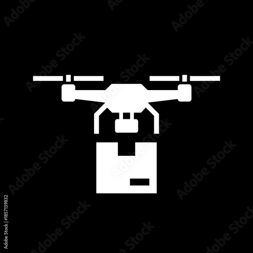 White silhouette of a delivery drone carrying a package, symbolizing modern logistics and aerial transport.