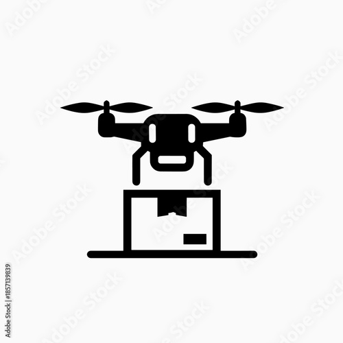 Black silhouette icon of a drone delivering a package, representing modern logistics and automated shipping.