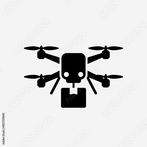 A black silhouette icon of a drone delivering a package, representing modern logistics and delivery services.