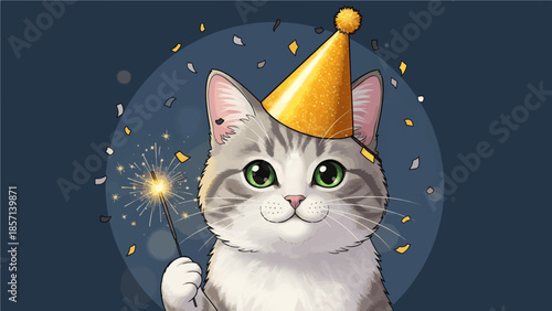 Cute cartoon vector illustration of a black cat with blue eyes playing with a ball and a mouse under the moon