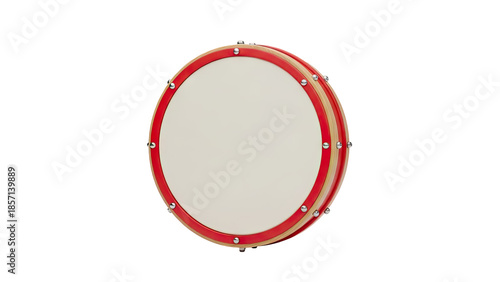 3D Tambourine with red rim and cream drumhead on transparent background