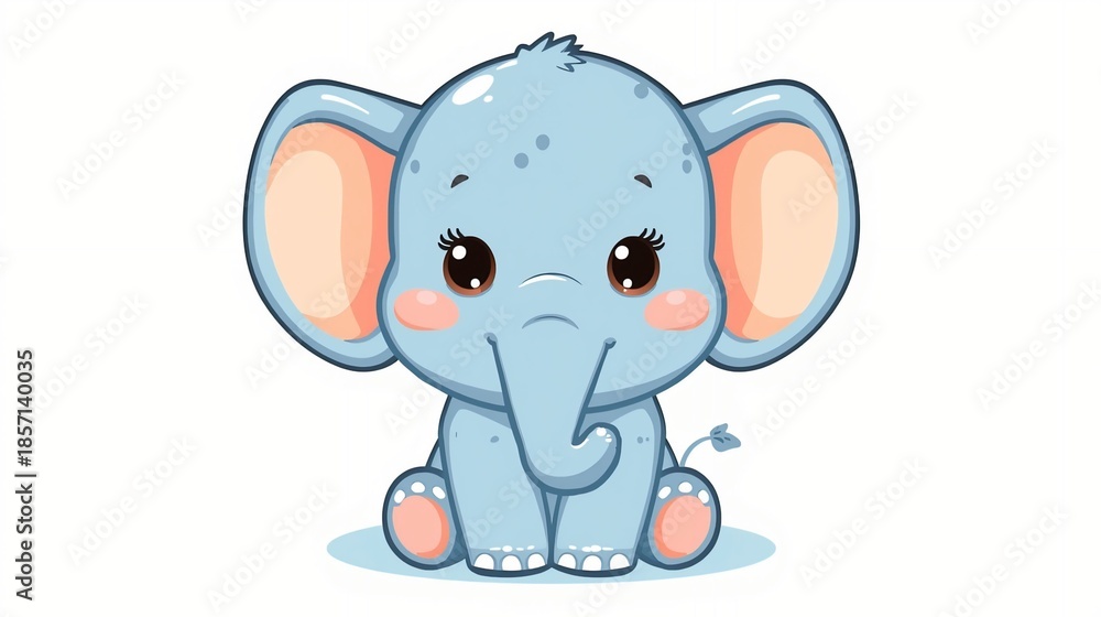 Fototapeta premium a cute cartoonic elephant with a rounded body, large ears, and a long trunk, rendered in a vibrant and playful style, featuring a pastel color palette with shades of blue, pink, and yellow, set agains