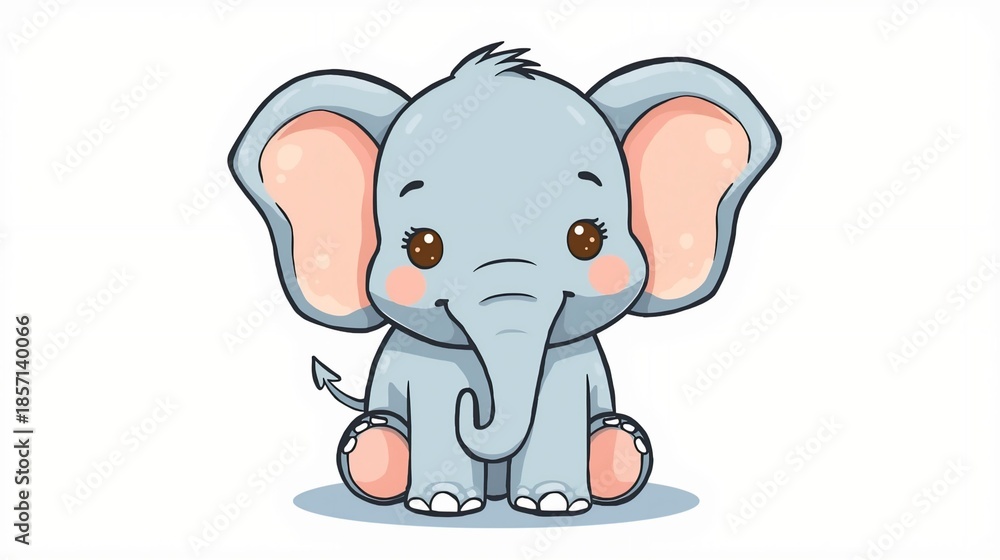 Naklejka premium a cute cartoonic elephant with a rounded body, large ears, and a long trunk, rendered in a vibrant and playful style, featuring a pastel color palette with shades of blue, pink, and yellow, set agains