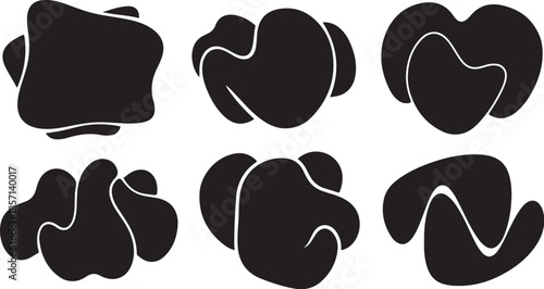 Six abstract black and white irregular blob shape graphic elements