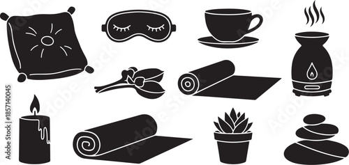 Set of black silhouette icons representing relaxation and spa elements