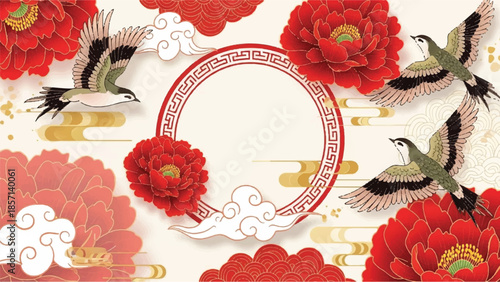 Red flowers and birds illustration on traditional background with decorative frame