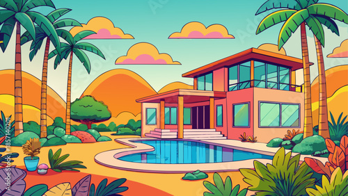 Luxurious desert villa with pool and palm trees