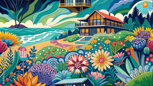 Vibrant coastal garden with house