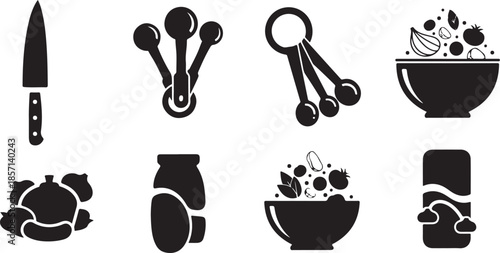 Black and white icons representing various essential kitchen cooking tools and ingredients