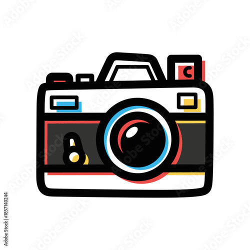 Stylized illustration of a classic vintage camera with vibrant retro colors, representing photography hobby and creative capture moments