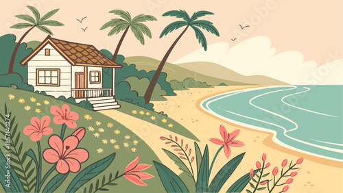 Serene beachside cottage with tropical flowers