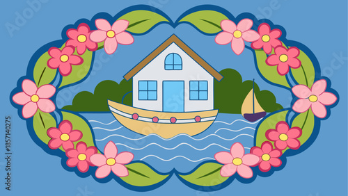 Charming houseboat surrounded by flowers