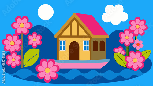 Charming cottage surrounded by blooming flowers