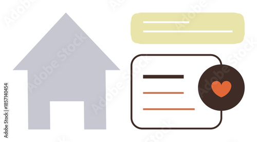 House icon, text box, yellow highlight, and heart symbol create a visual narrative. Ideal for family, safety, love, comfort connection home design community. A simple flat metaphor