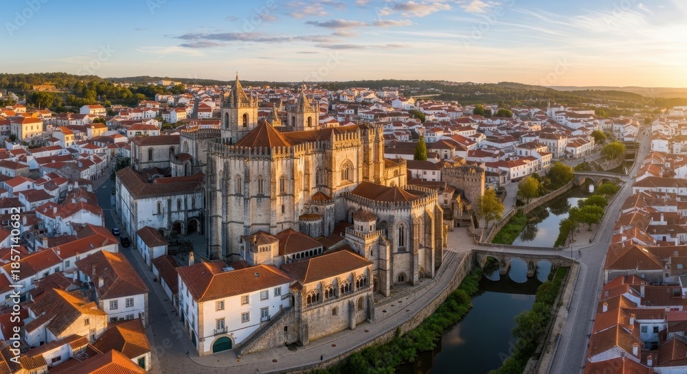 Obraz premium Stunning panoramic cityscape of Batalha Monastery and town during golden hour in Portugal
