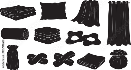 Collection of black bedding and home textile elements illustration