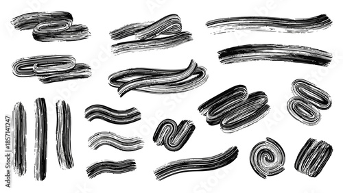 Abstract Black Paint Brush Strokes and Swirls Collection.