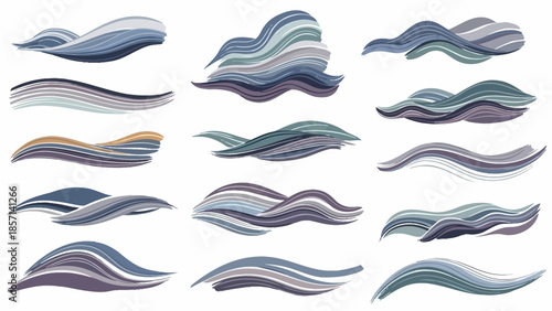 Abstract brush strokes in various shades of blue and grey, creating a wavy and fluid design element.