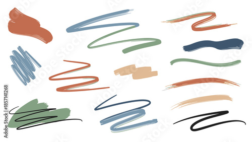 Abstract brush strokes and paint splatters in various colors and shapes.