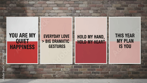 Colorful posters with romantic quotes on brick wall background