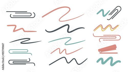 Collection of colorful paper clips and staples in various shapes and sizes.