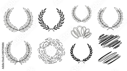 Collection of Hand Drawn Laurel Wreaths and Scribble Elements.