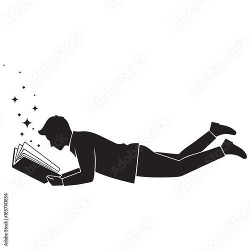 Man floating while reading a book with sparkling ideas