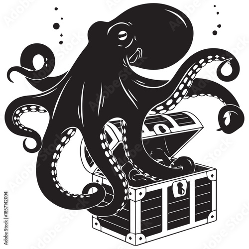 Octopus emerging from treasure chest with tentacles and coins