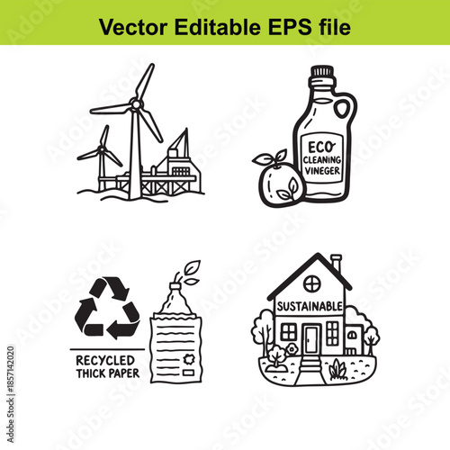  eco friendly vector icons set including wind turbines and sustainable home