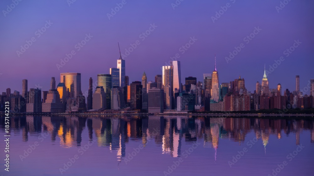 Fototapeta premium Beautiful city skyline reflection in calm water during a purple sunrise, urban landscape of a metropolitan downtown at dawn