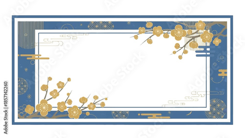 An ornate blue and gold floral frame on a white background viewed straight on