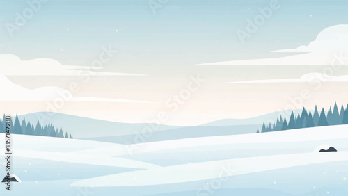 Serene Winter Landscape with Snowy Mountains and Trees Viewed from a Distance