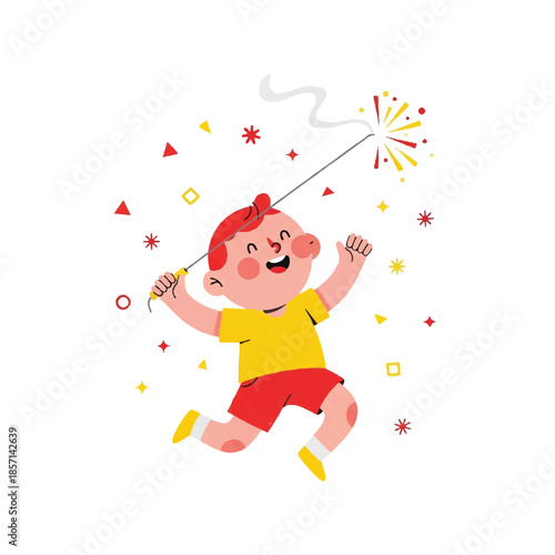 A young boy enthusiastically plays with a sparkler on a festive occasion surrounded by colorful shapes and decorations