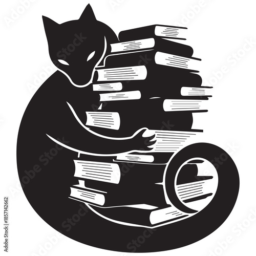 Sleek cat curled up with stack of books in modern minimalist design