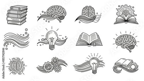 Collection of Hand-Drawn Brain, Book, and Lightbulb Concepts for Education and Ideas.