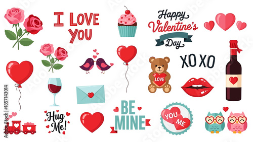 Valentine's Day stickers with hearts, love messages, and gifts