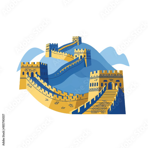 Illustration of a historic fortification wall with watchtowers and stairs, set against a backdrop of mountains and blue sky.