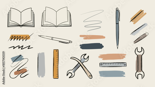 Collection of Hand-Drawn Stationery and Tool Illustrations with Abstract Swatches.
