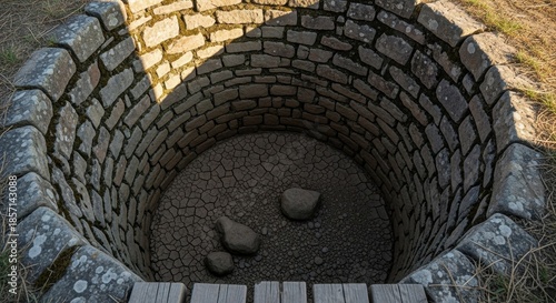 Intricate stone well structure displaying dried earth and subtle sunlight details