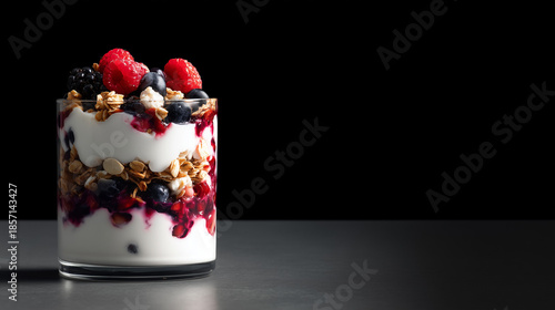 berry yogurt parfait on black background, healthy breakfast dessert glass, dramatic food photography concept

