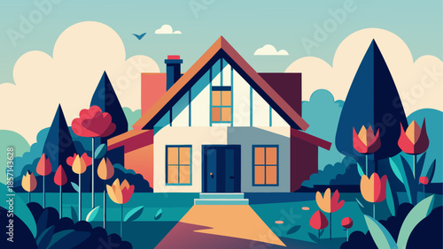 Charming cottage surrounded by tulips