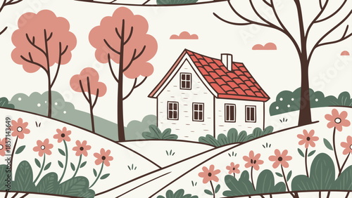 Serene cottage in a floral meadow